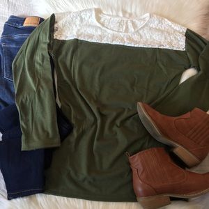 Olive Green & White Lace Top